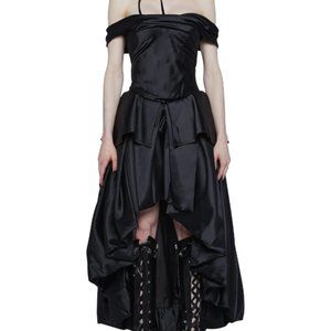 Black Satin High Low Gown with Silk Ribbon Corset